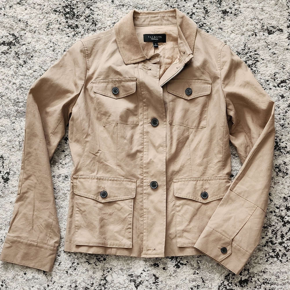 Talbots Cotton Blend Utility Jacket Corduroy Collar Tan Womens 4 Preppy Coastal